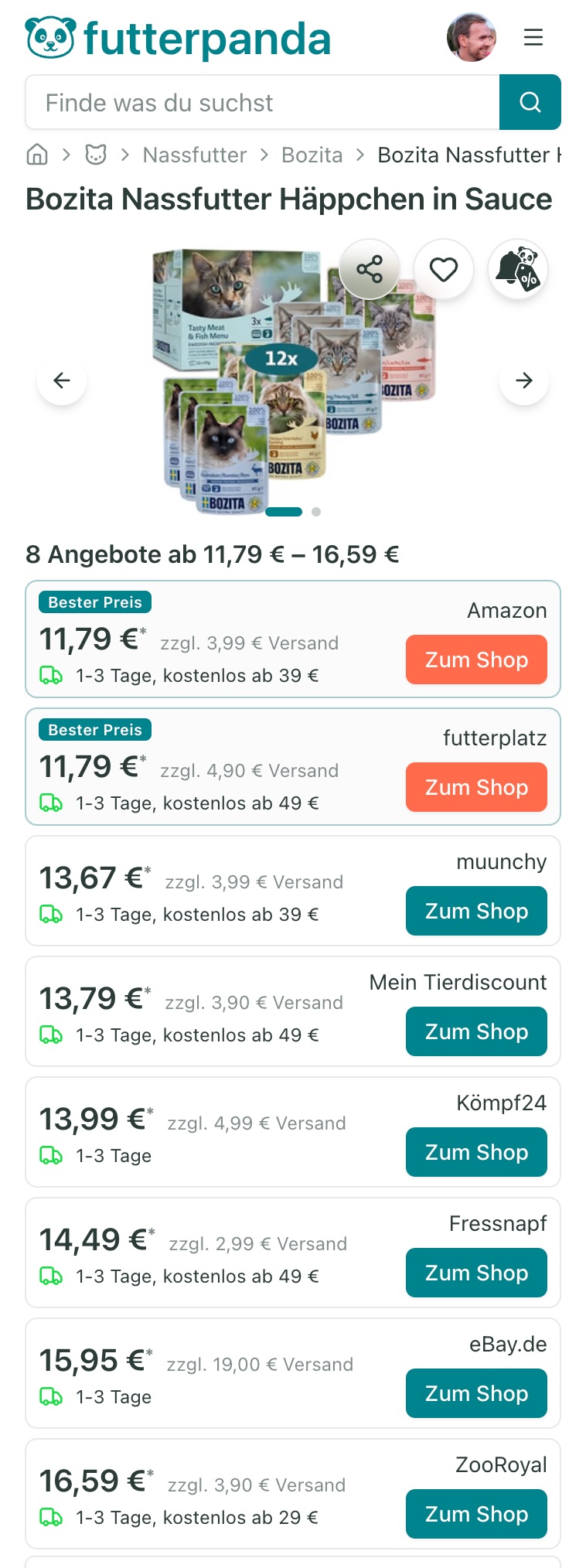 Beispiel einer Produktdetailseite mit Preisvergleich